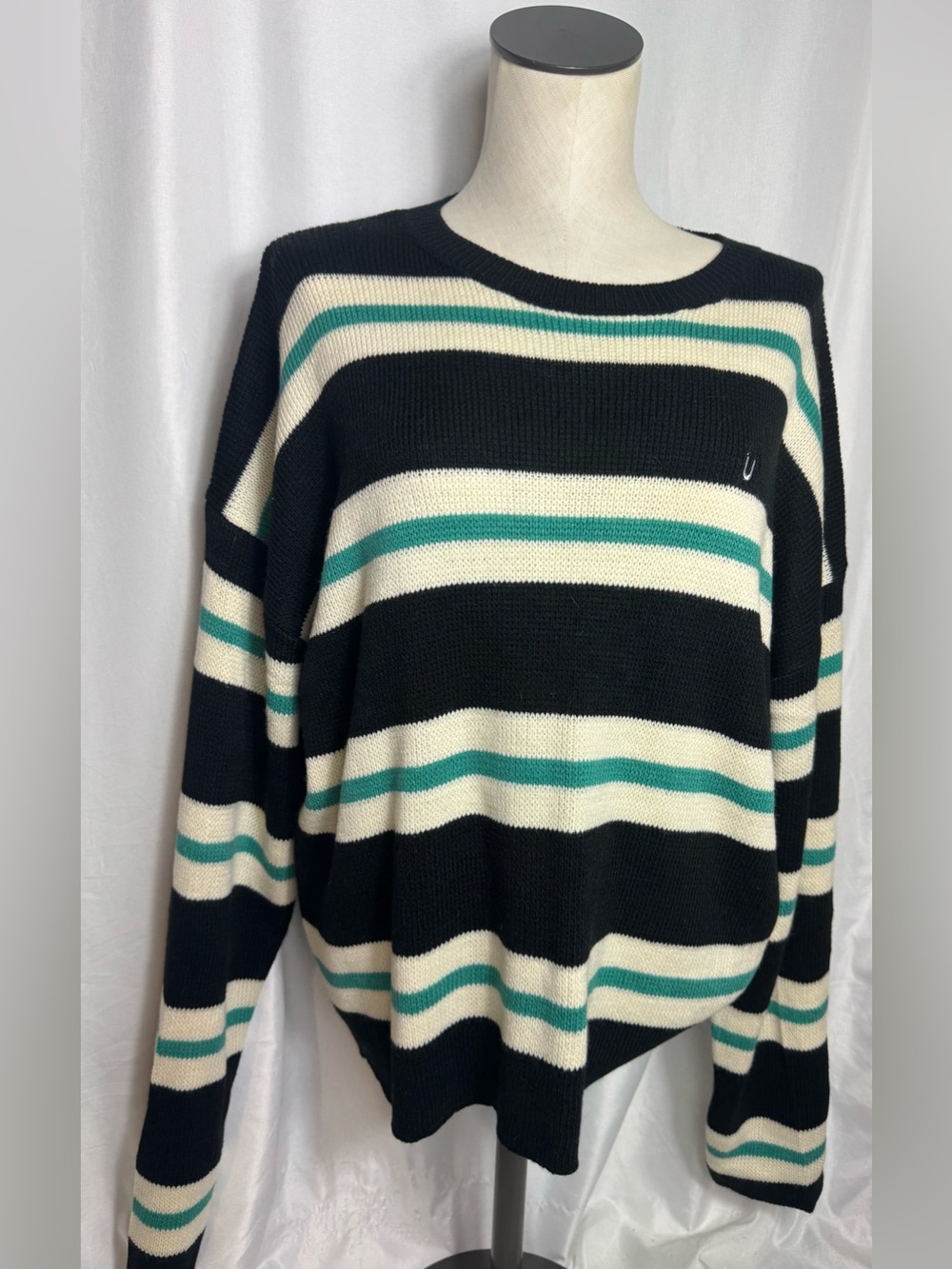 Urban Outfitters Striped Black and Cream Crewneck Sweater Teal Accents NWT M